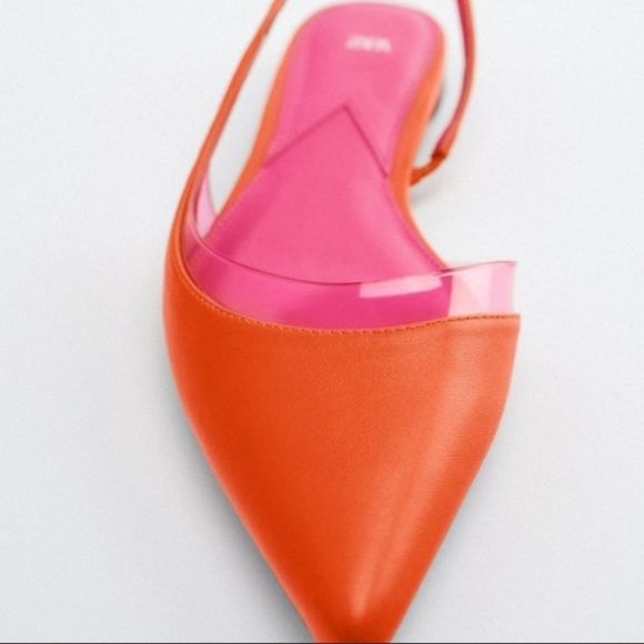 Zara Orange Pink Slingback Flat Sandals Shoes Size 6 - Picture 3 of 5